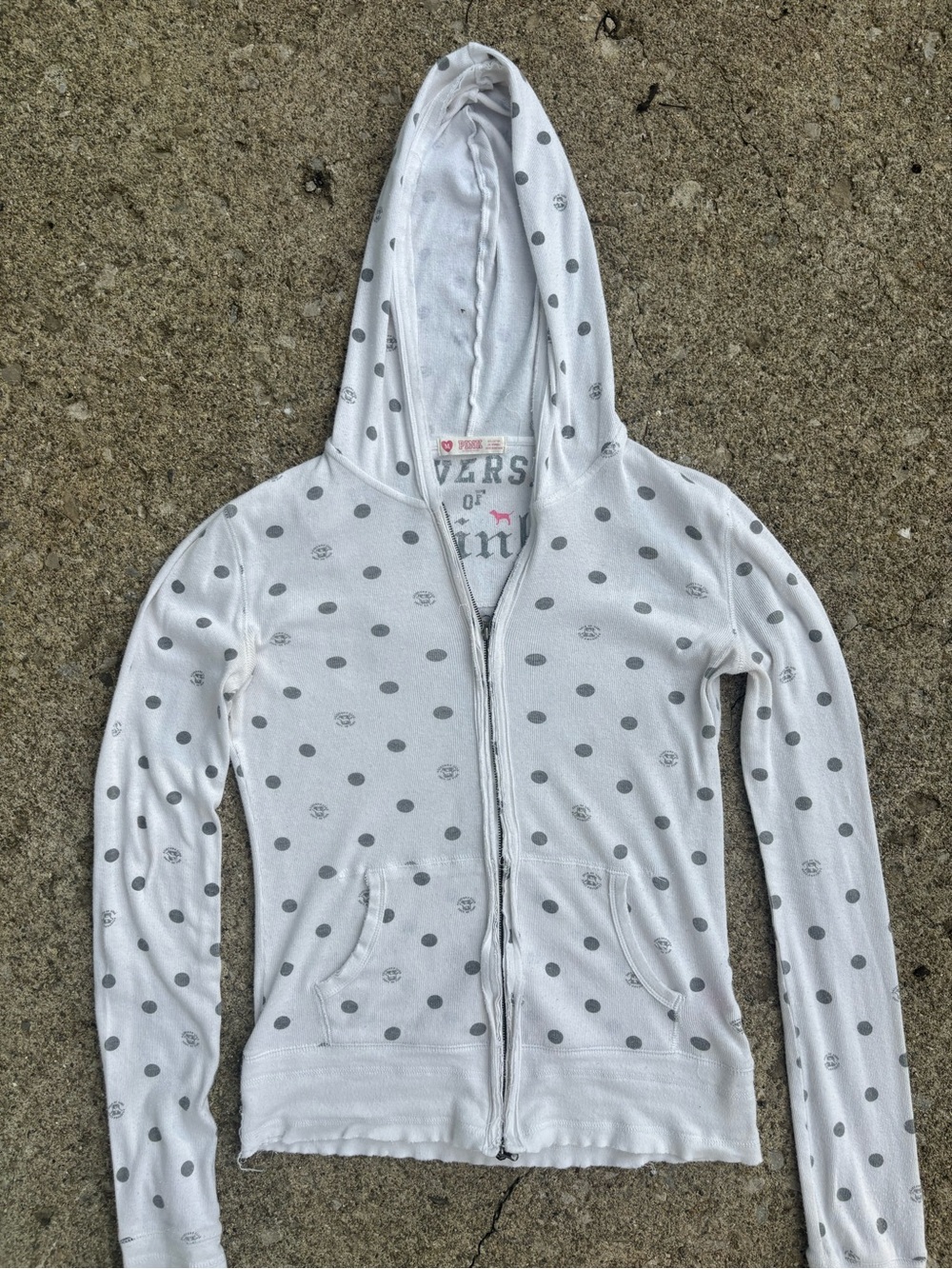 PINK Victoria's Secret White Hoodie with Gray Polka Dots and Pink Logo